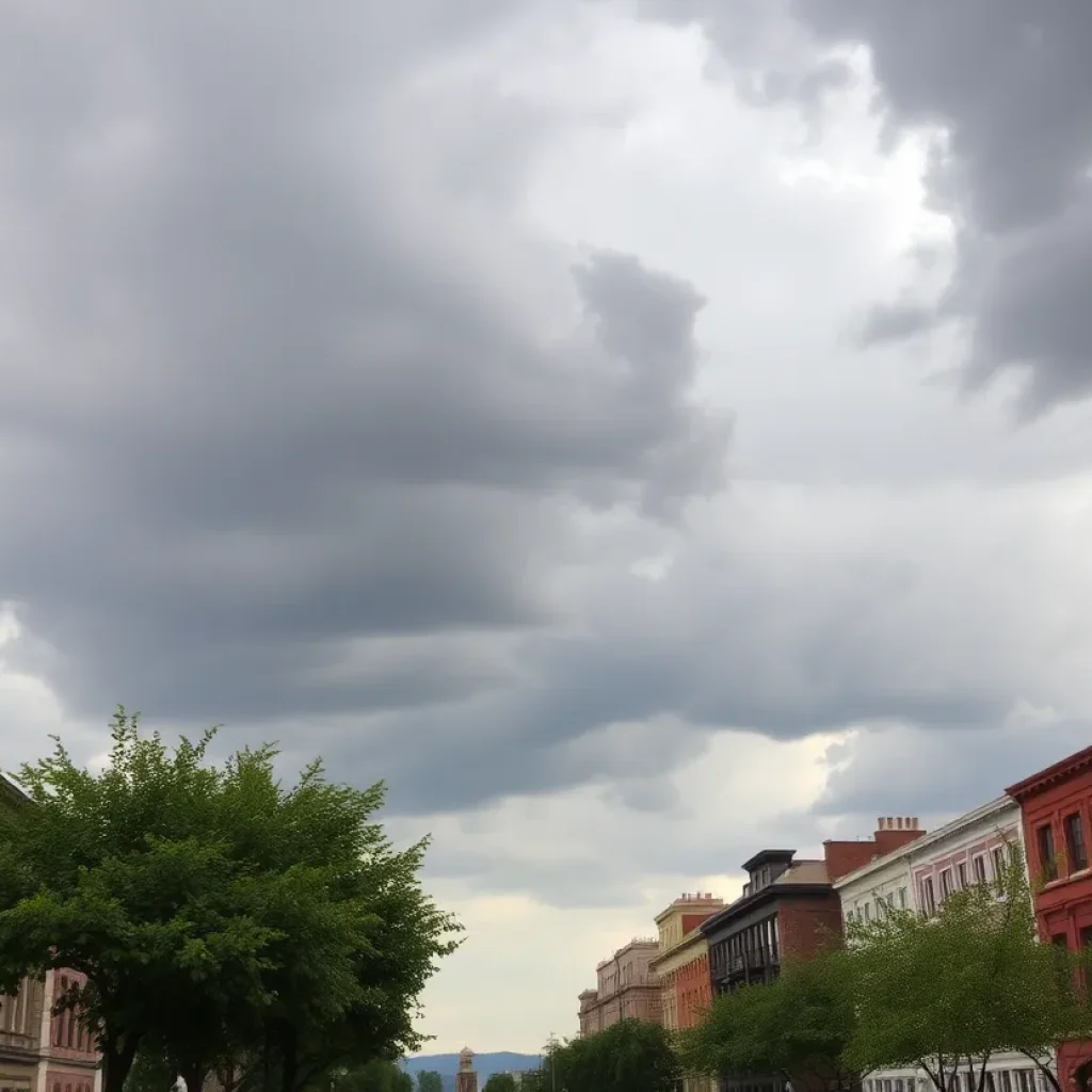 Dark clouds over Savannah cityscape indicating rain