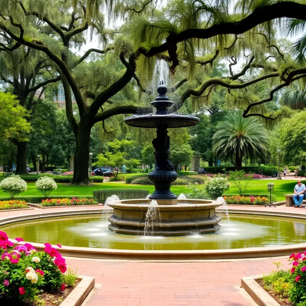 Scenic view of Forsyth Park featuring a historic fountain and greenery