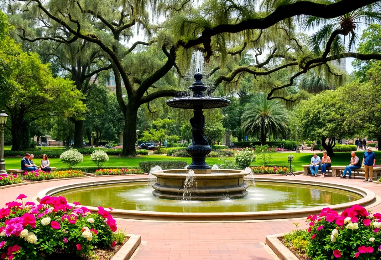 Scenic view of Forsyth Park featuring a historic fountain and greenery