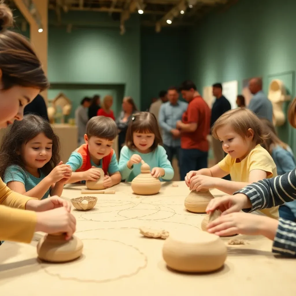 Families participating in clay art activities at Telfair Museums during Free Family Day.