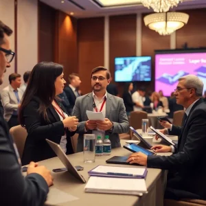 Conference room filled with finance professionals engaging in discussions.