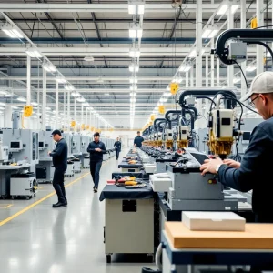 Modern manufacturing facility of GE Appliances with workers in action