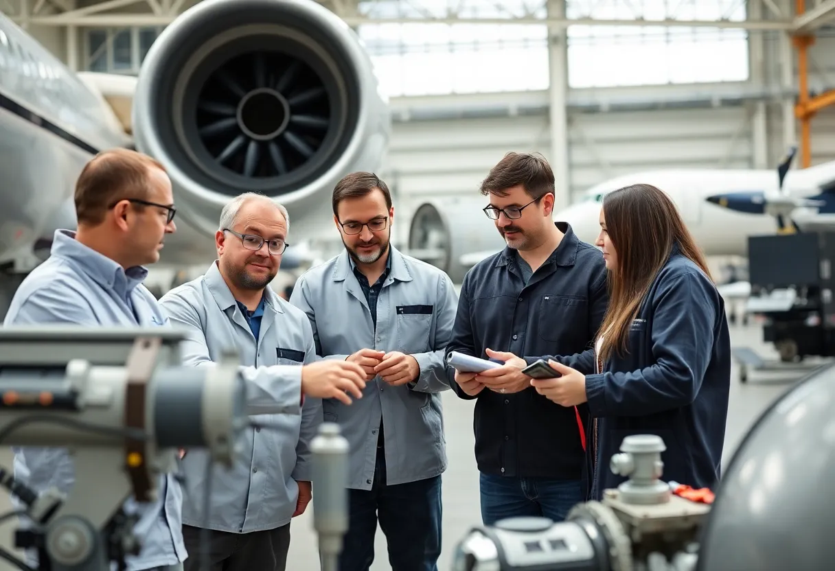 Aerospace engineers working together in a high-tech aerospace facility.
