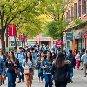 Students at Georgia College campus with local businesses in the background