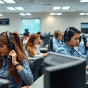 A call center depicting agents engaged in crisis management due to a cyberattack impacting EBT services.