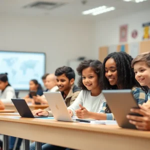 Classroom of students learning with technology