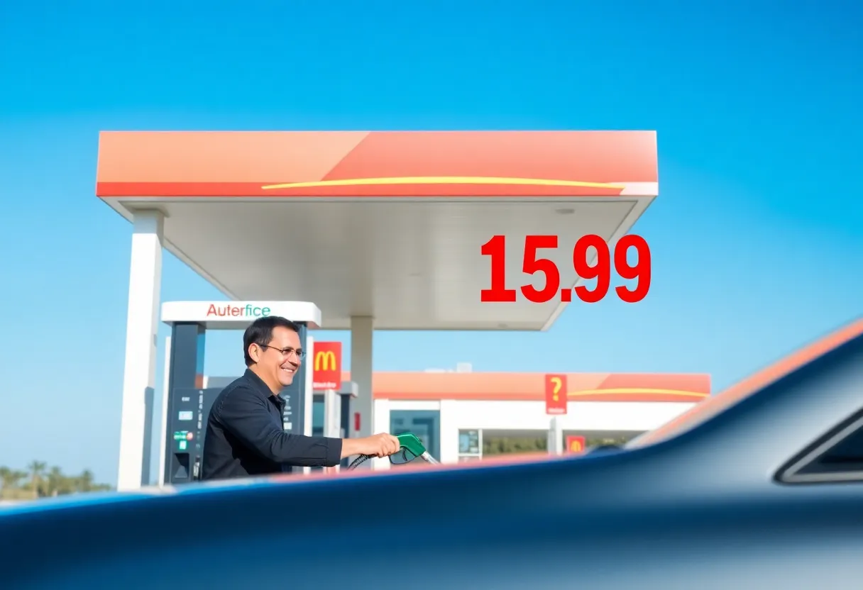 A gas station in Georgia displaying lower gas prices with a car being filled up