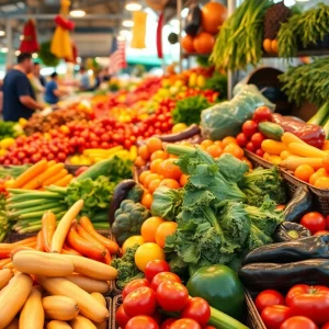 Scene of a vibrant farmers market featuring fresh produce