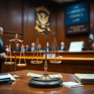 Symbolic representation of a courtroom battle over campaign finance laws.