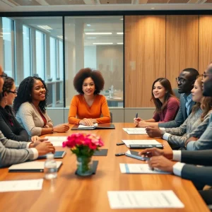Diverse professionals in a boardroom discussing community initiatives