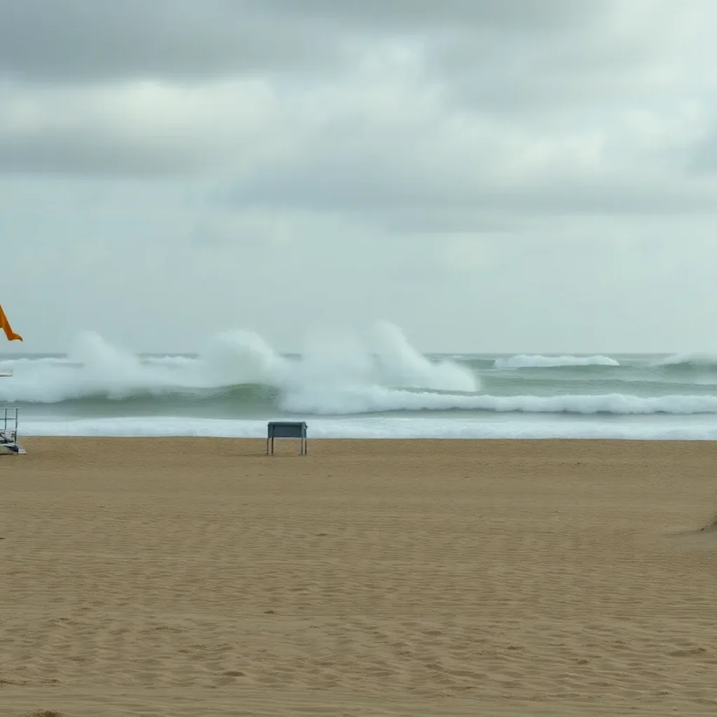 High waves and warning flags at a beach affected by Hurricane Erin
