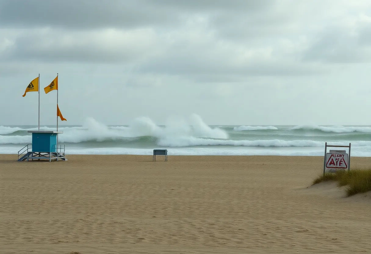 High waves and warning flags at a beach affected by Hurricane Erin