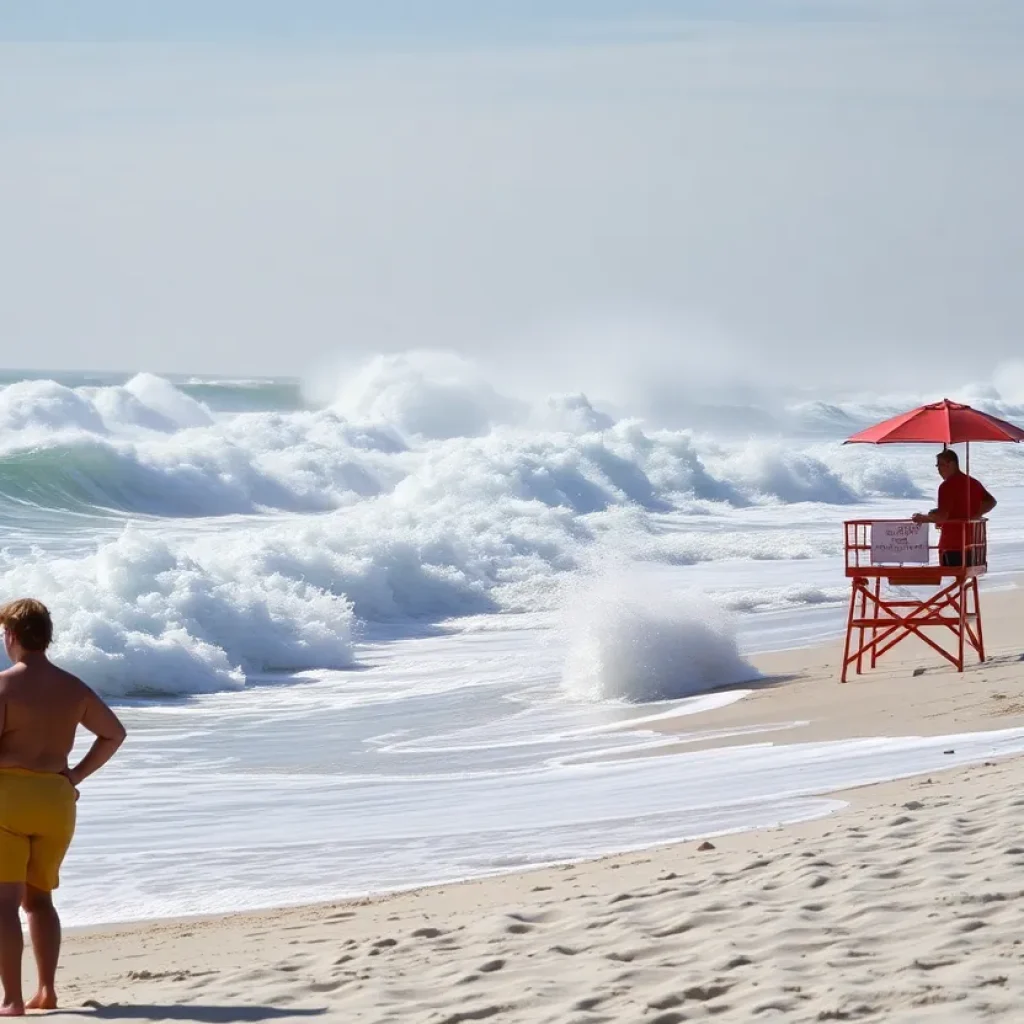 Savannah beach with high waves and lifeguards on duty during Hurricane Erin