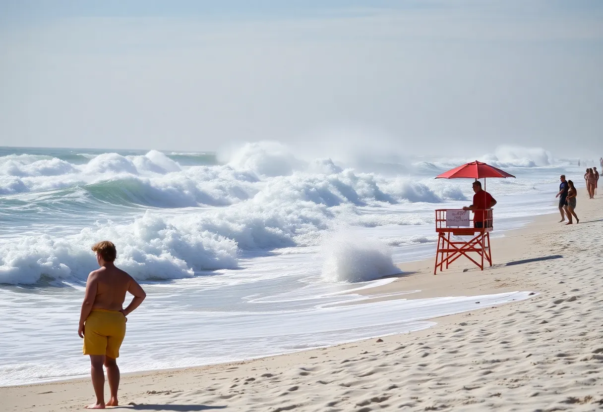 Savannah beach with high waves and lifeguards on duty during Hurricane Erin