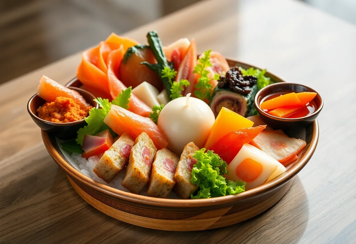 A traditional Japanese meal served in a beautiful arrangement on a classic table setting.