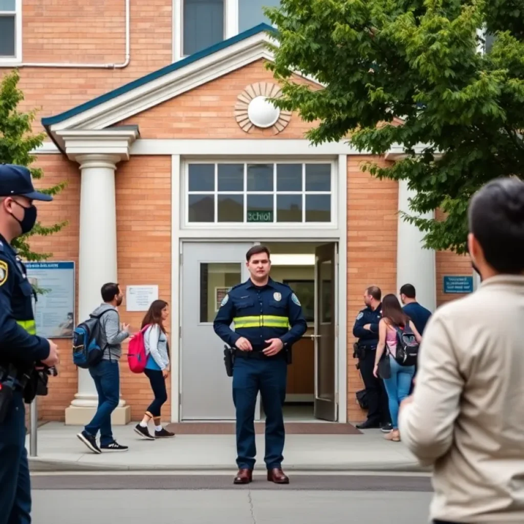 Exterior view of Jenkins High School during lockdown