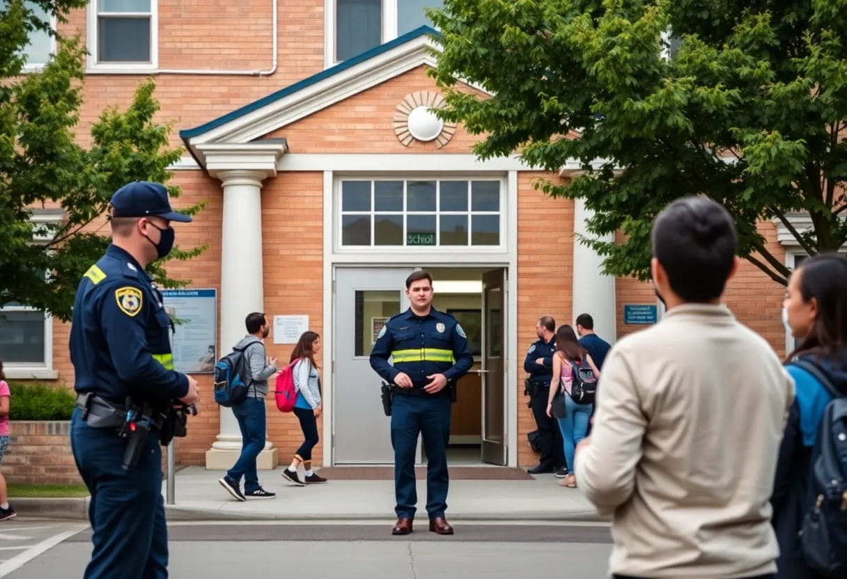 Exterior view of Jenkins High School during lockdown