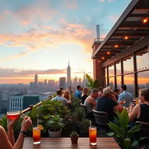 View from Lavender Rooftop Kitchen + Bar overlooking Savannah skyline