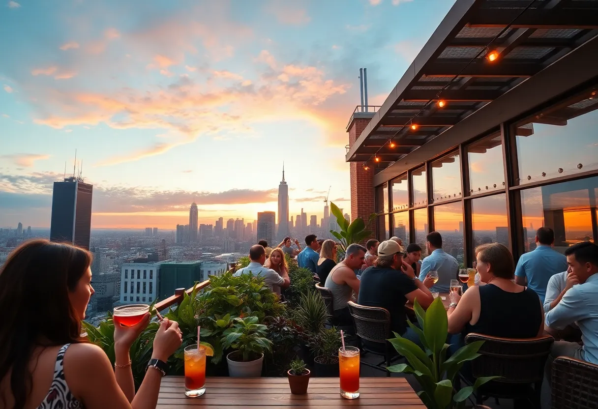 View from Lavender Rooftop Kitchen + Bar overlooking Savannah skyline