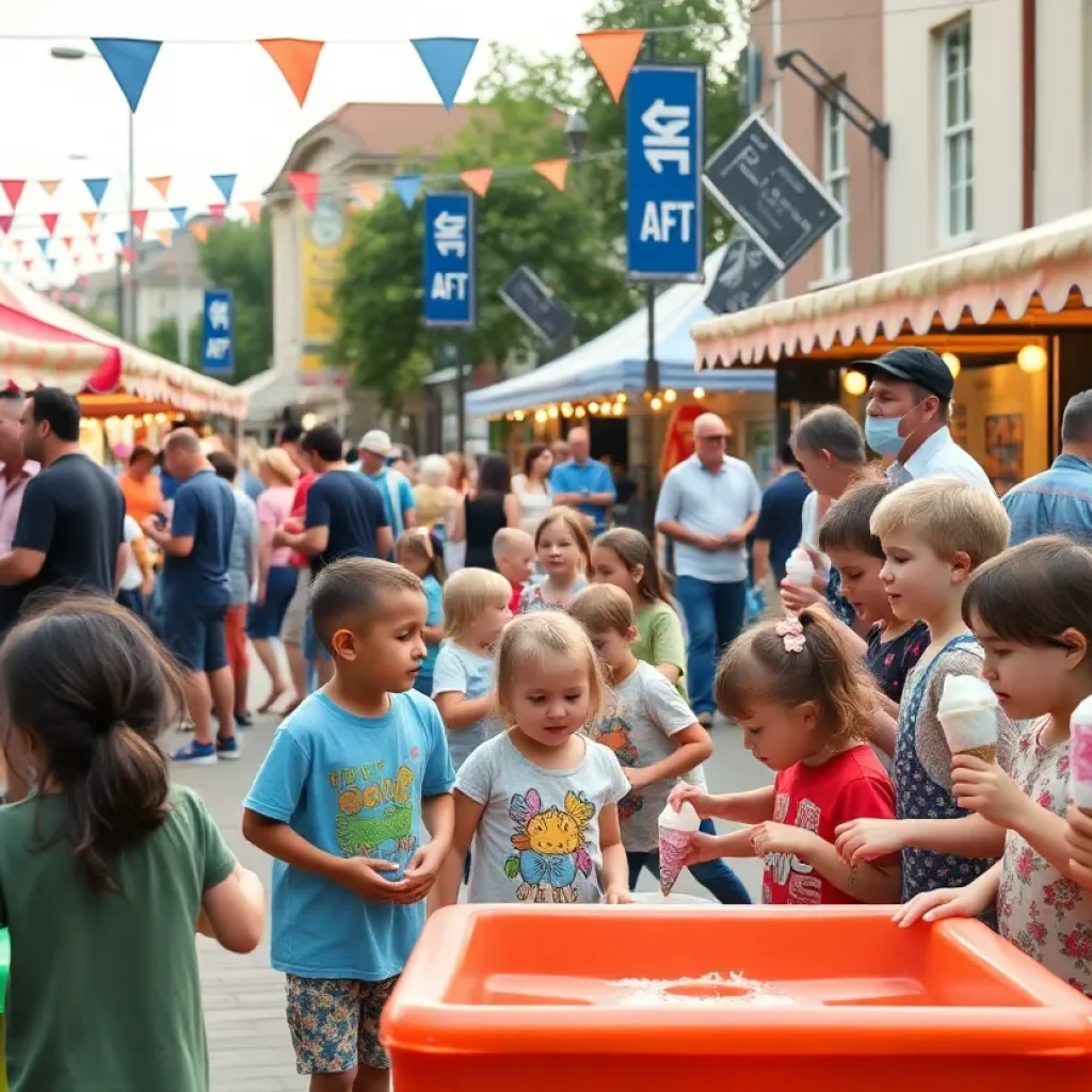 Families celebrating at Leopold's Ice Cream anniversary block party with games and food vendors