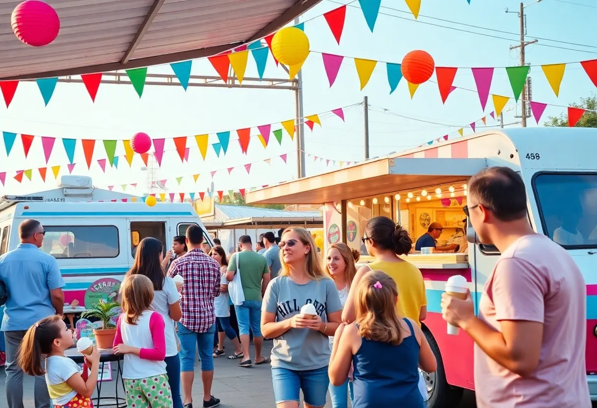 Festive block party at Leopold's Ice Cream with families enjoying games and ice cream.