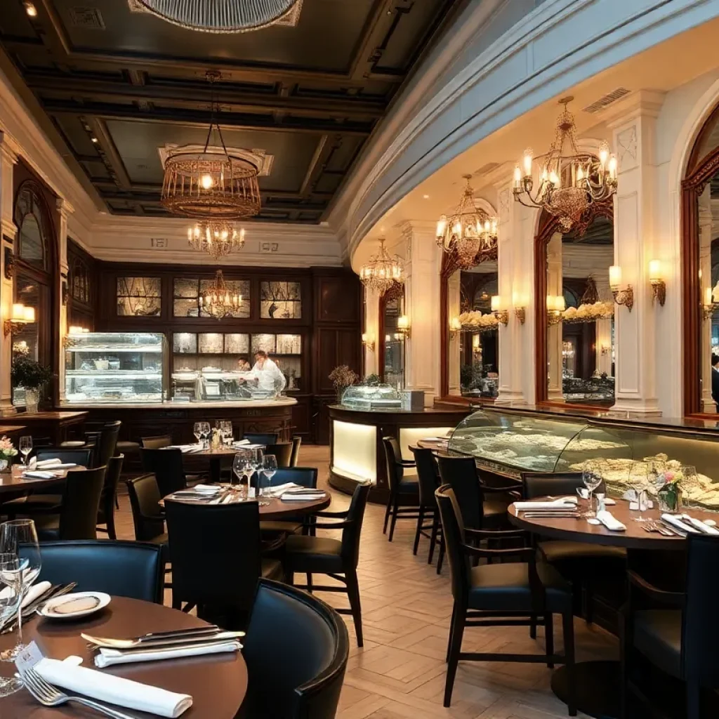 Elegant interior of Lester's French Oyster Bar in Savannah with dining tables and oyster displays