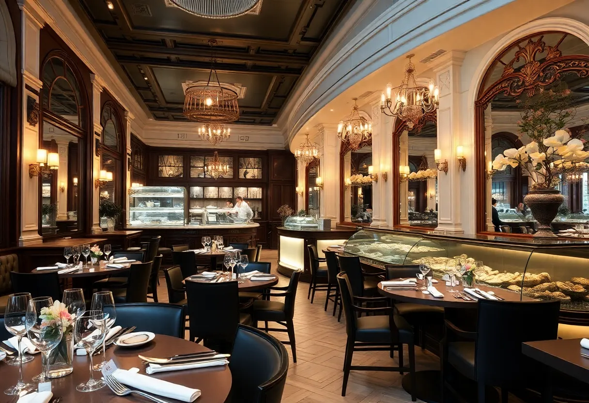 Elegant interior of Lester's French Oyster Bar in Savannah with dining tables and oyster displays