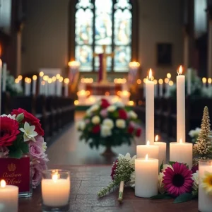 Memorial candles and flowers in a church for Dr. Charles L. Hoskins.