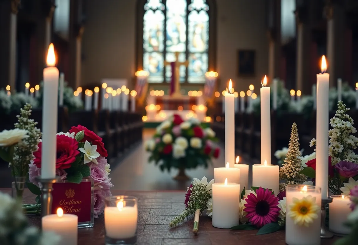 Memorial candles and flowers in a church for Dr. Charles L. Hoskins.