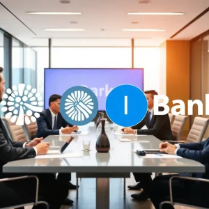 Business executives discussing merger at a conference table