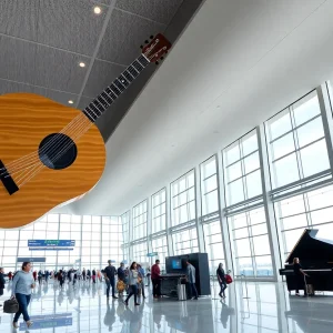 Exterior view of the new terminal at Middle Georgia Regional Airport inspired by musical instruments.