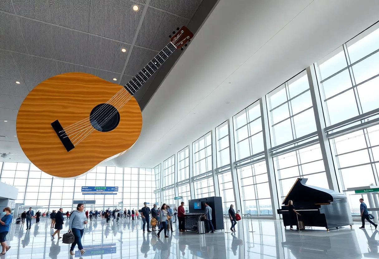 Exterior view of the new terminal at Middle Georgia Regional Airport inspired by musical instruments.