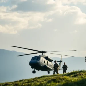 A military helicopter in a tranquil setting symbolizing honor and sacrifice
