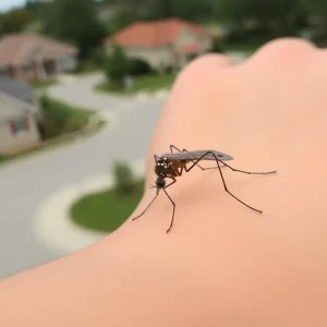 A mosquito on skin in a suburban area
