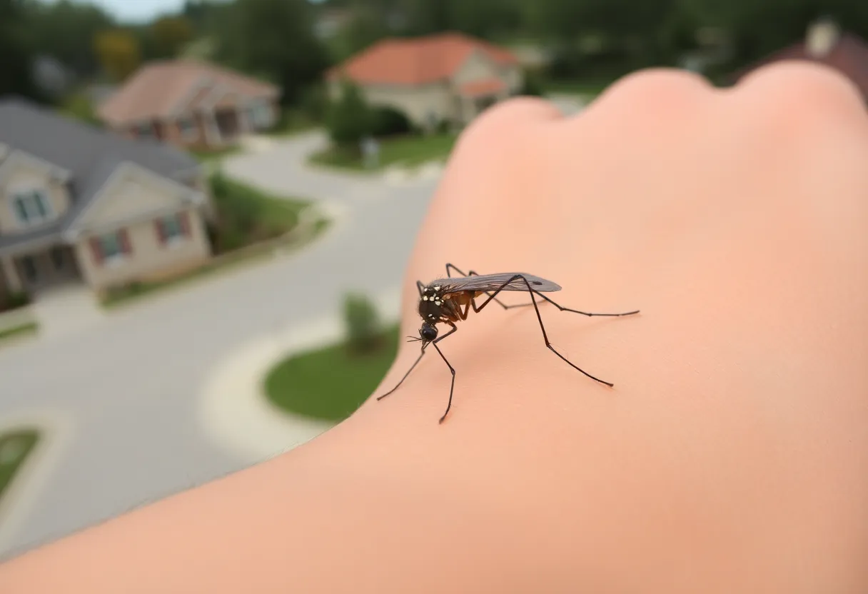 A mosquito on skin in a suburban area
