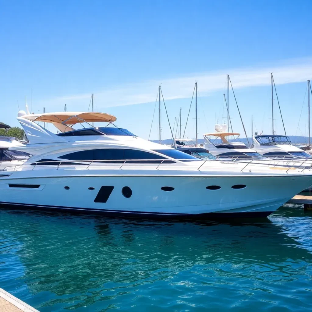 A view of high-end boats at Nautical Boat Club's Wilmington Island location.