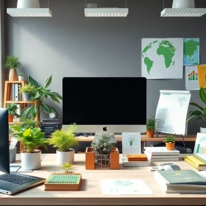 Virtual office setup representing environmental initiatives.