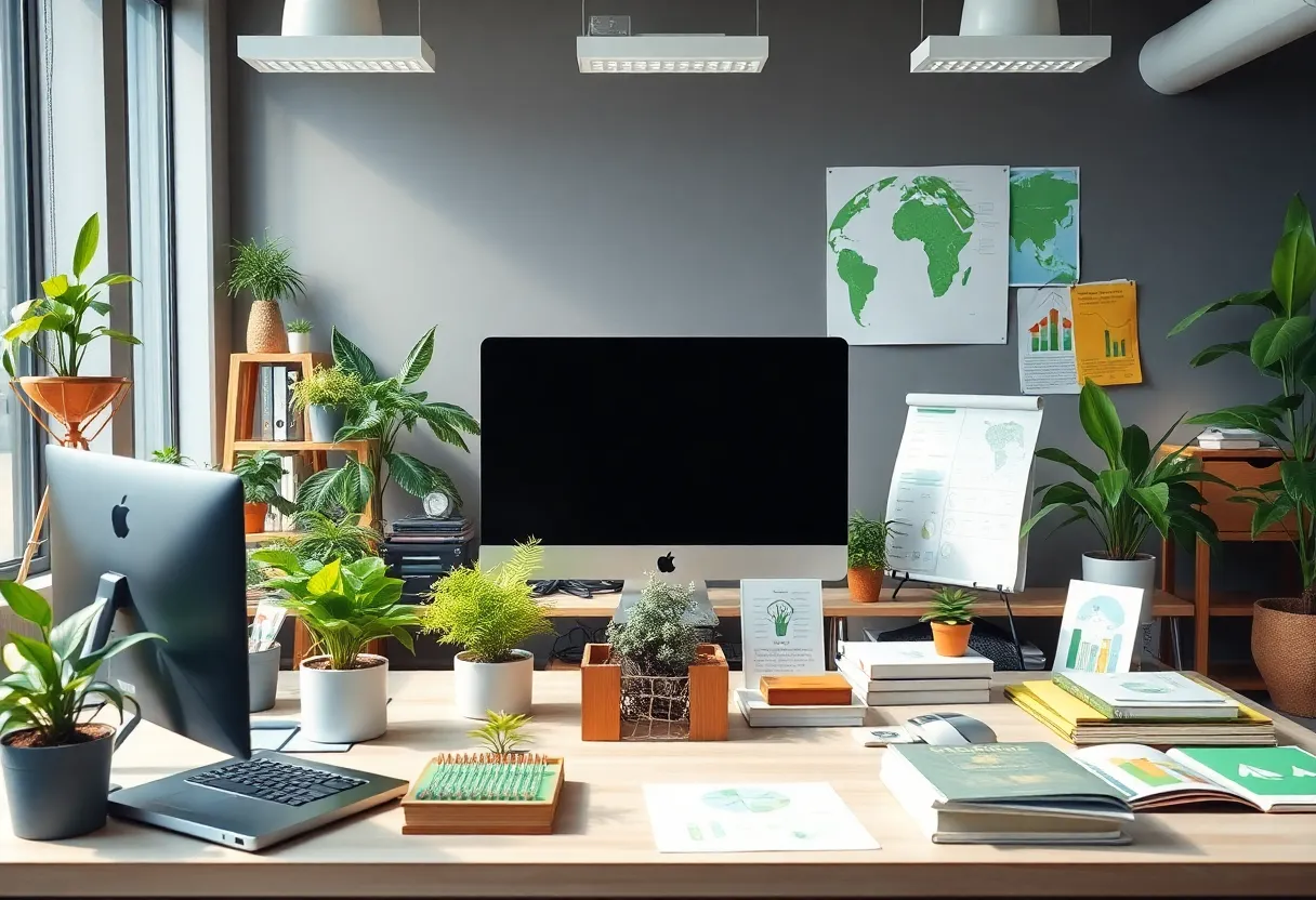 Virtual office setup representing environmental initiatives.