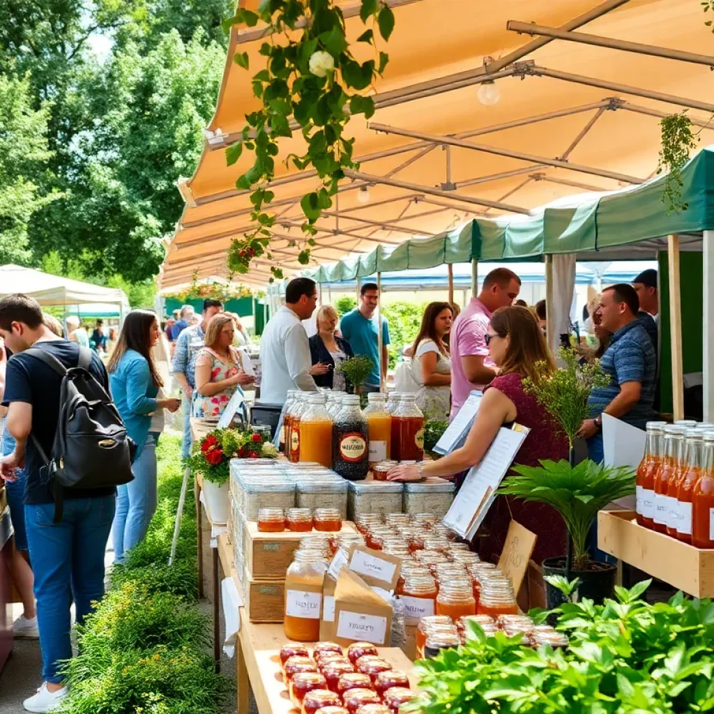 Stalls showcasing Neighborhood Nectar's products at the farmers market