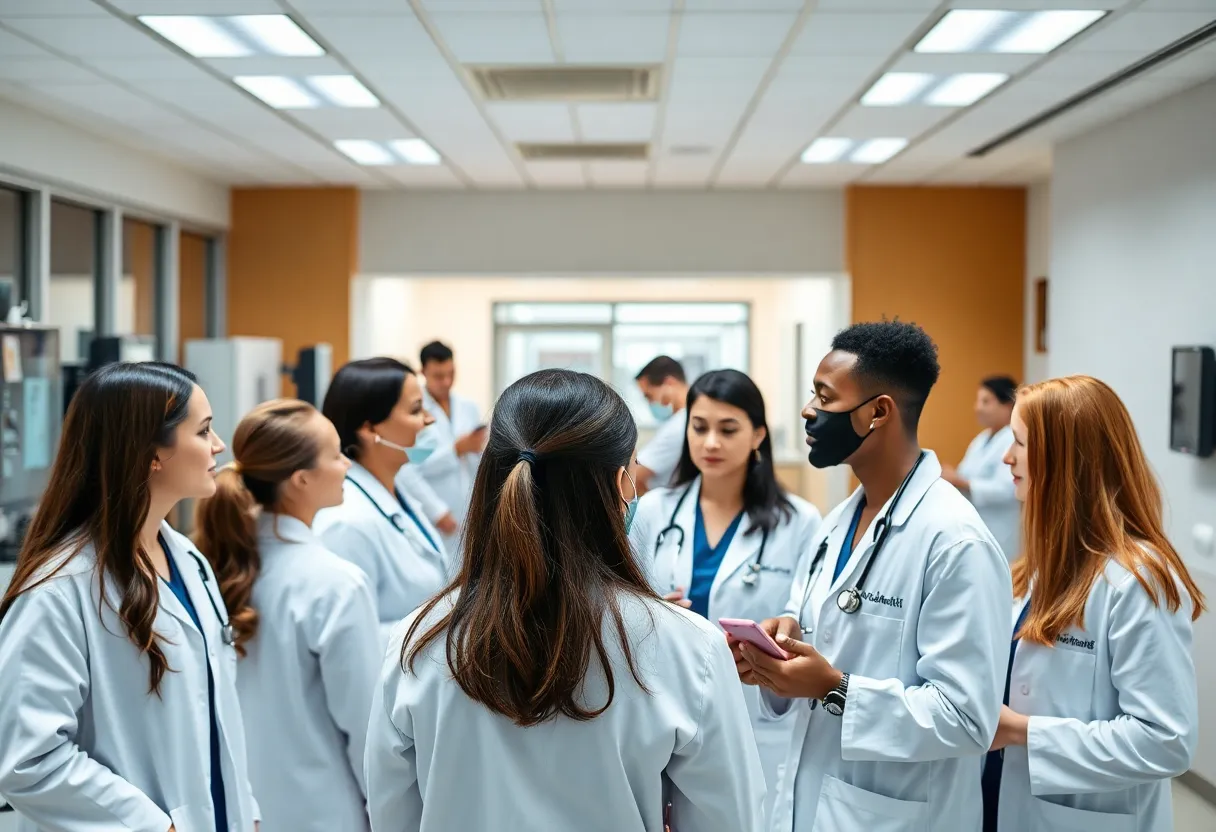 Healthcare students training in a medical facility