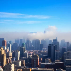 A city skyline plagued by air pollution, showcasing the smog over the buildings.