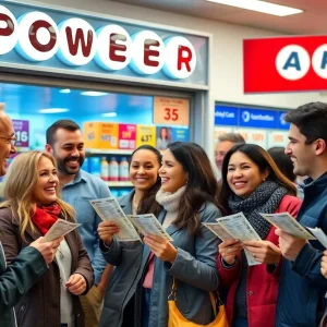 Customers celebrating the Powerball jackpot in Woodstock with tickets in hand
