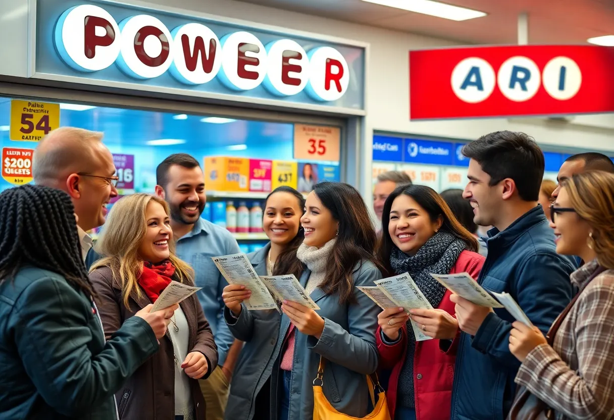Customers celebrating the Powerball jackpot in Woodstock with tickets in hand