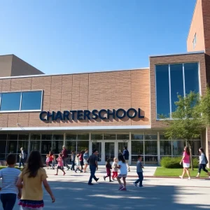 Exterior view of REACH Public Schools building with students outside