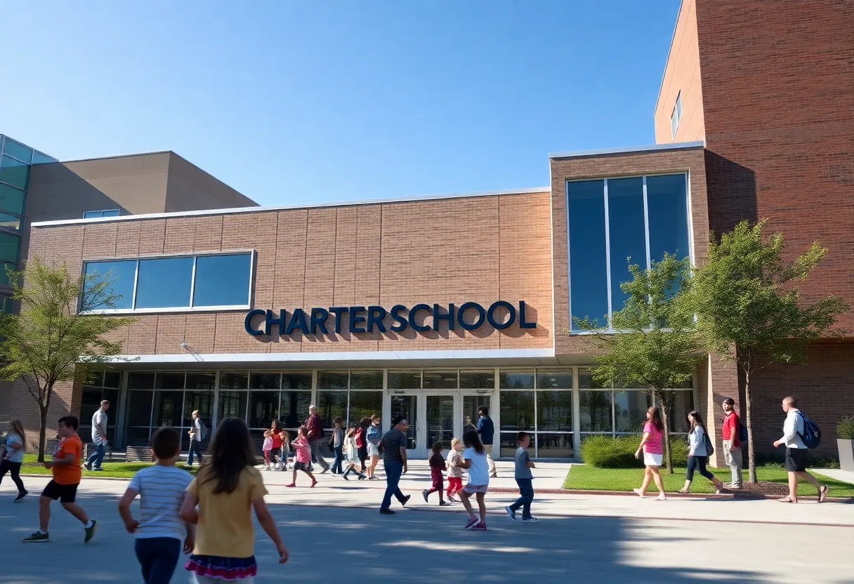 Exterior view of REACH Public Schools building with students outside