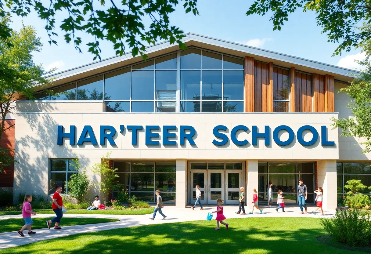Exterior view of REACH Public Schools with students outside.