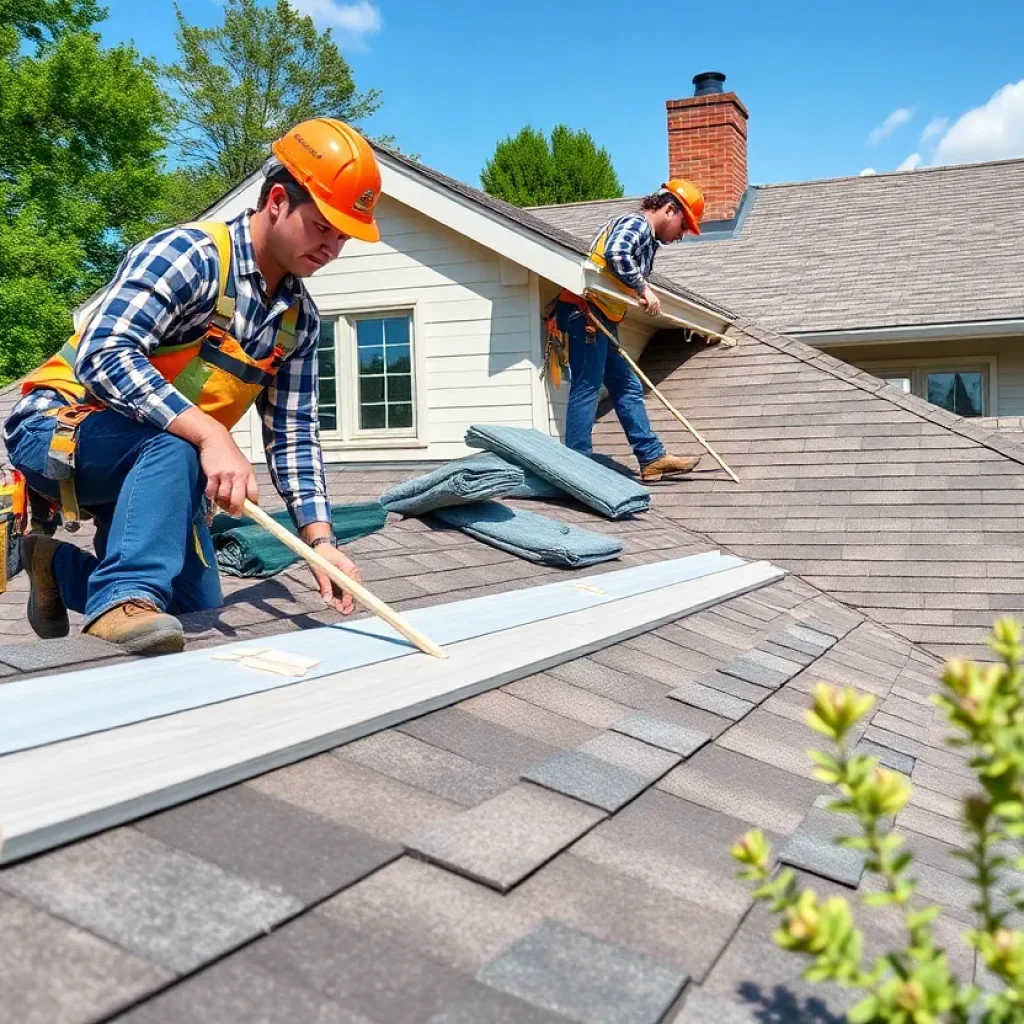 Professional team installing roofing materials on a house
