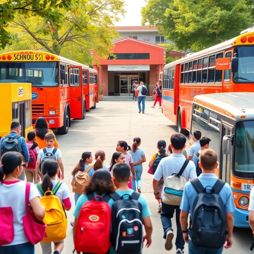 Students arriving at Savannah-Chatham County School System on the first day of school