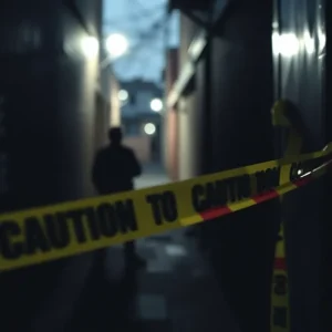 Police caution tape in a Savannah alleyway