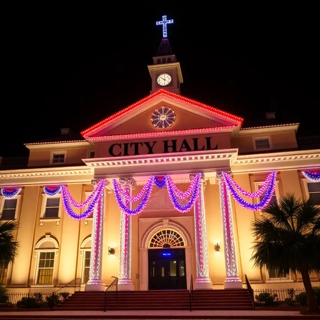 Savannah City Hall illuminated in red, white, and blue lights for Labor Day